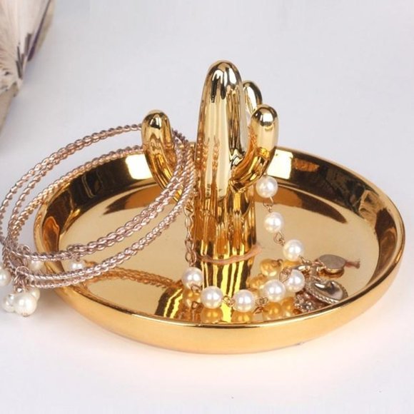 AbicArtsStudio Jewelry - Golden Cactus and Plate - Jewelry Plate Trinket Dish